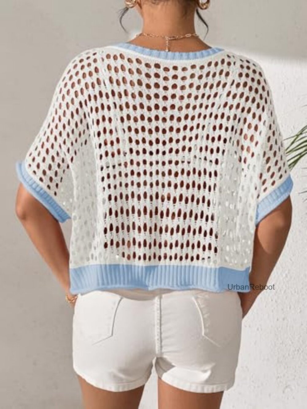 Boho Crochet Crop Sweater Beach Knit Cover Up Short Sleeve Pullover - Picture 4 of 7